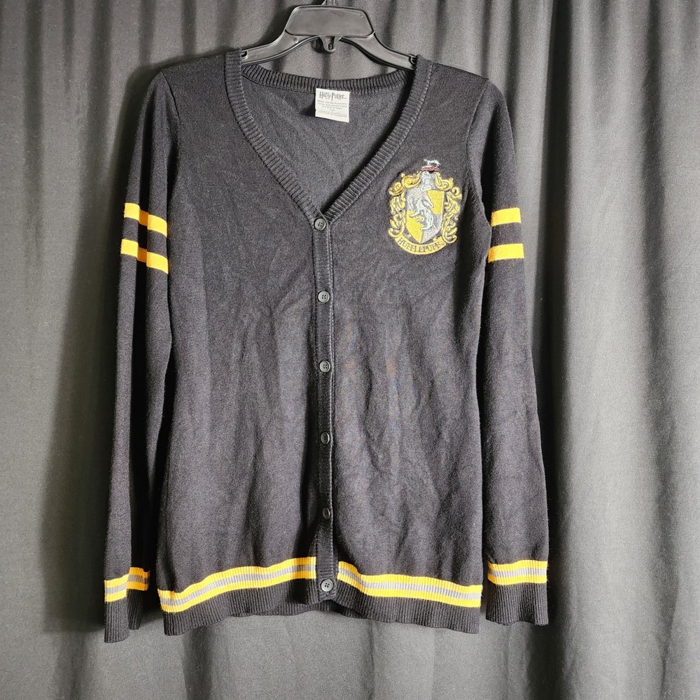 Harry Potter Hufflepuff Cardigan Sweater‎ Black Yellow Varsity Stripe Small